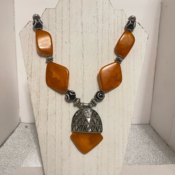 Orange and Silver Geometric Necklace - Picture 2 of 6
